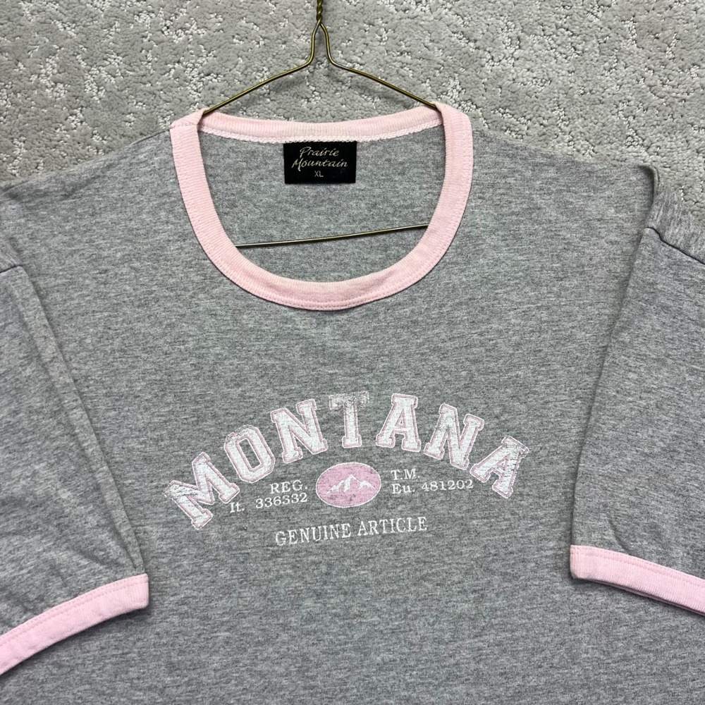 VINTAGE 90s Prairie Mountain Montana Ringer Ringer T-Shirt Gray Pink Single USA